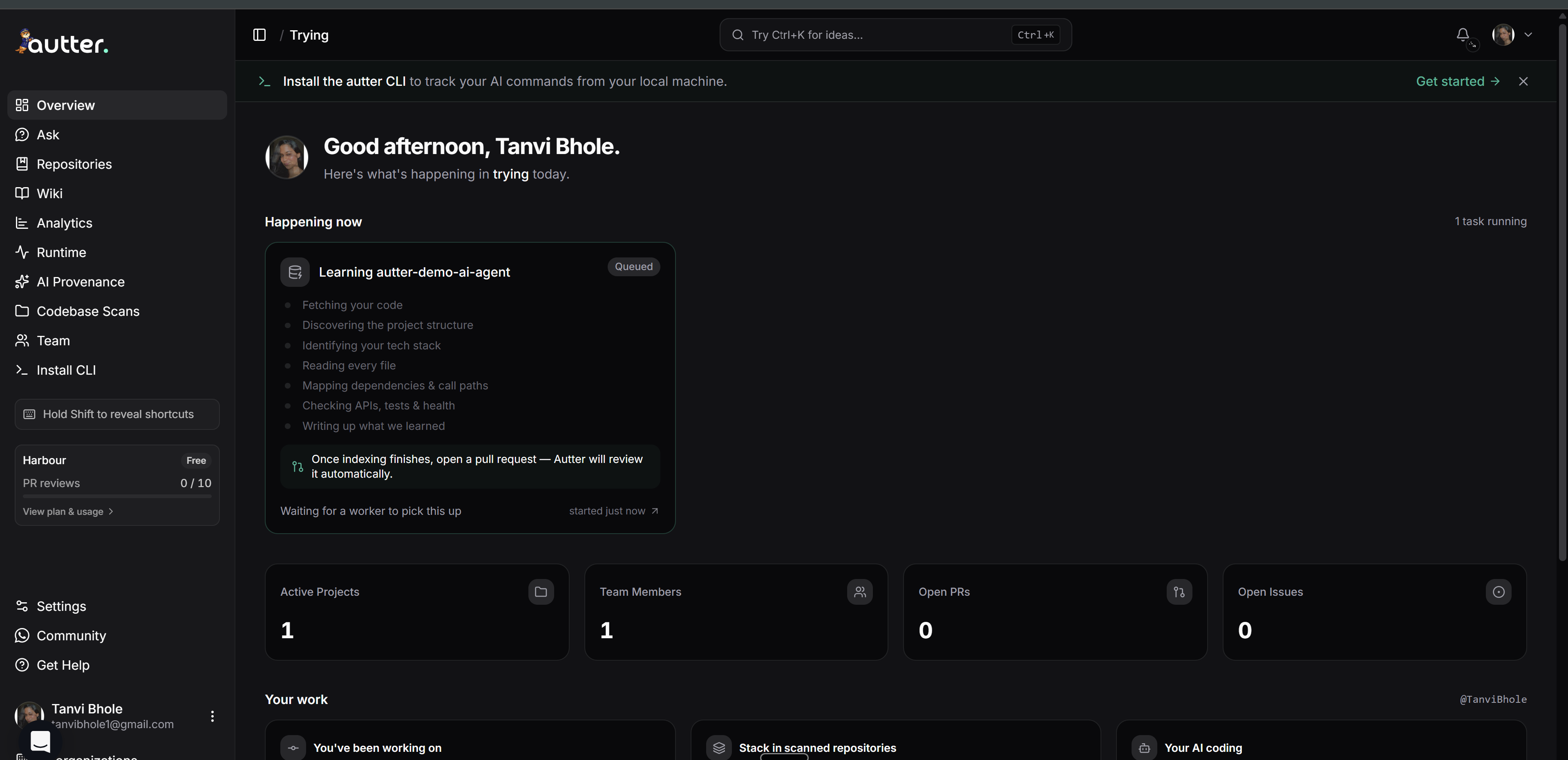 Connected Autter workspace with repository review and codebase scan activity