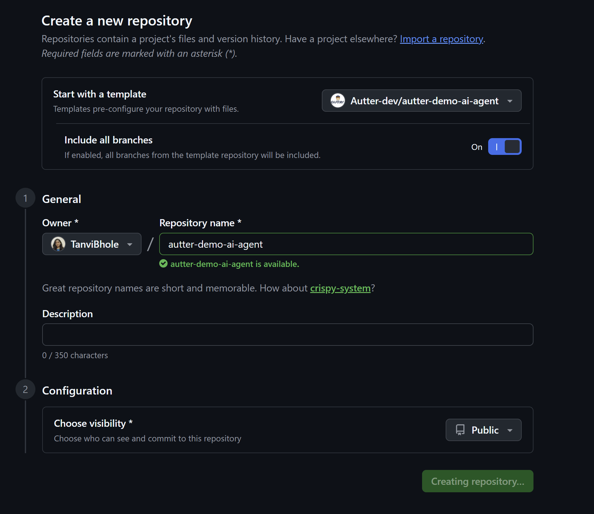 GitHub form for creating a repository from the selected Autter demo project