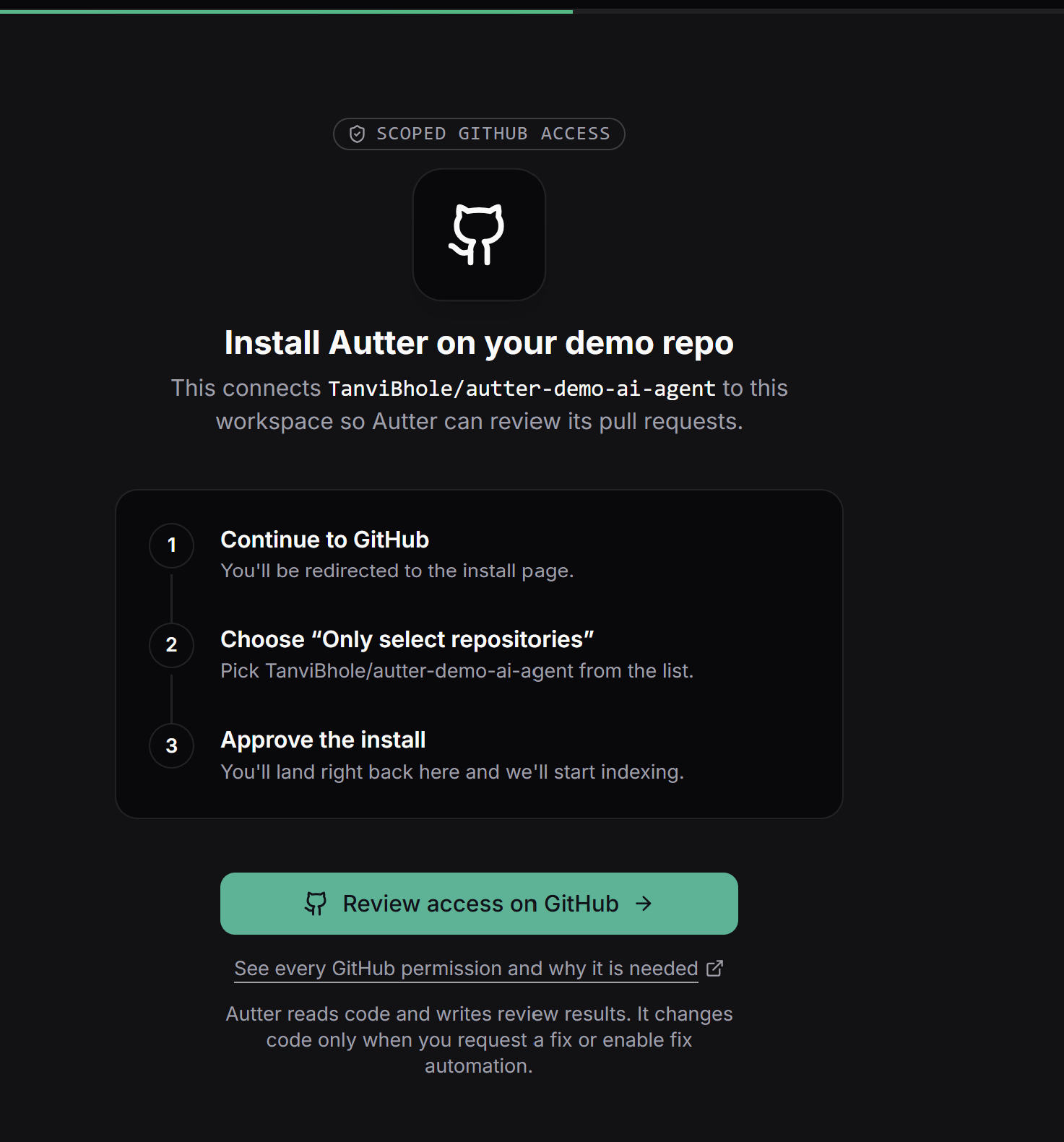 GitHub App installation screen for granting Autter access to the selected demo repository