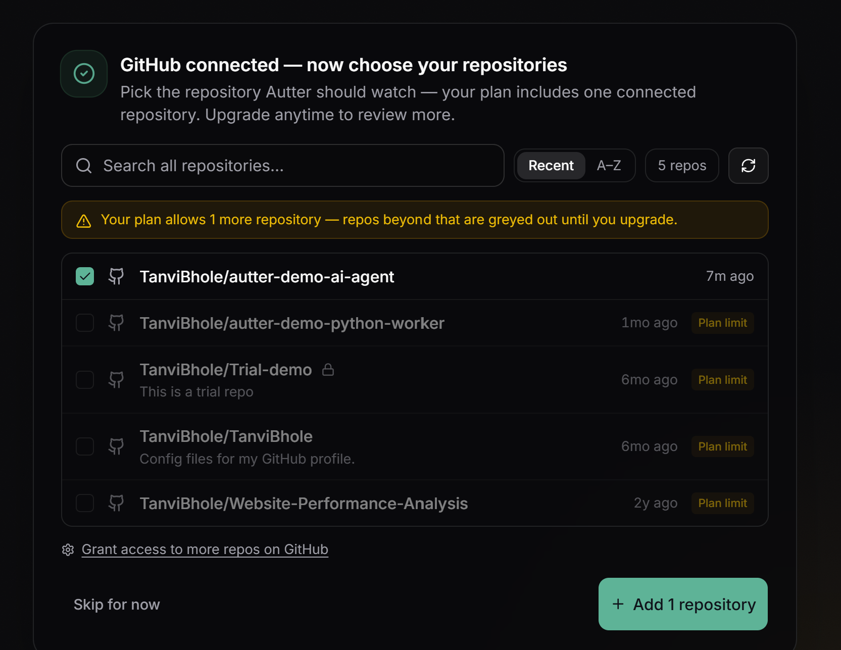 Autter repository selection screen with the copied demo repository selected