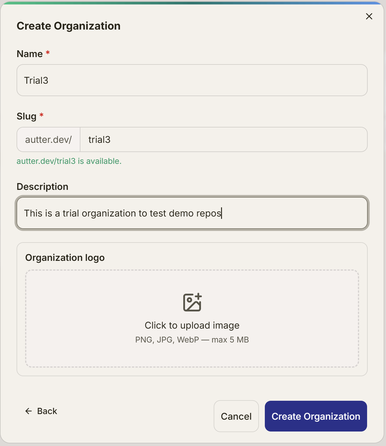 Autter form for entering a trial organization name, slug, and description