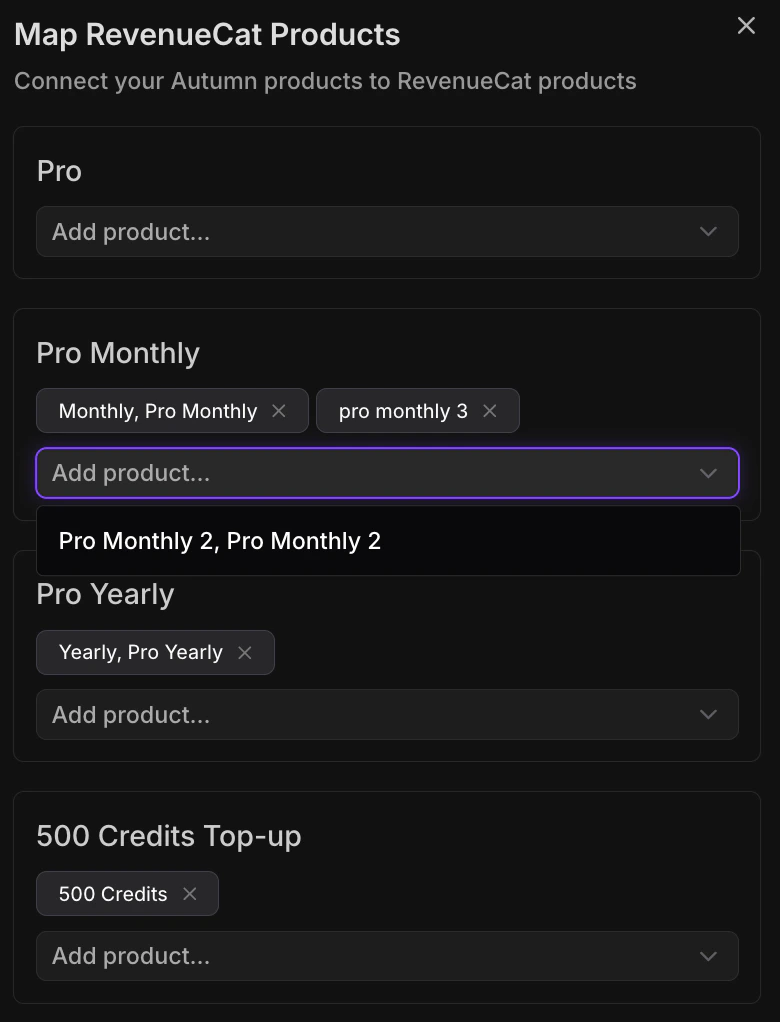 Autumn dashboard showing where to map your products to RevenueCat products