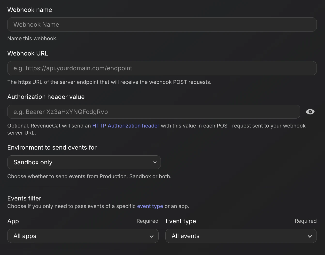 RevenueCat dashboard showing where to set up your webhook integration