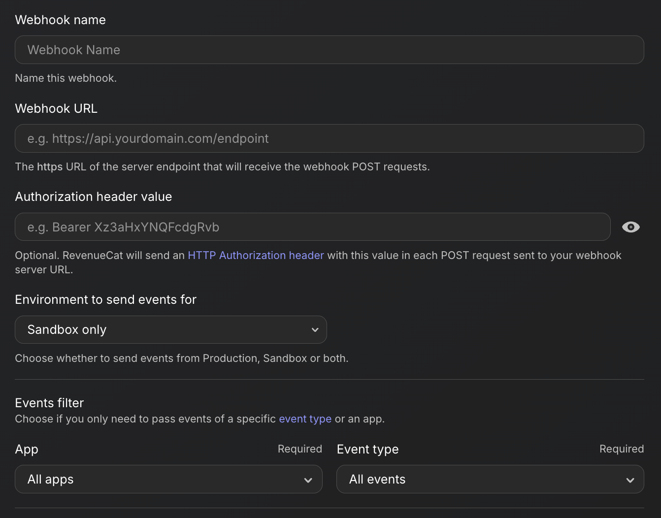 RevenueCat dashboard showing where to set up your webhook integration