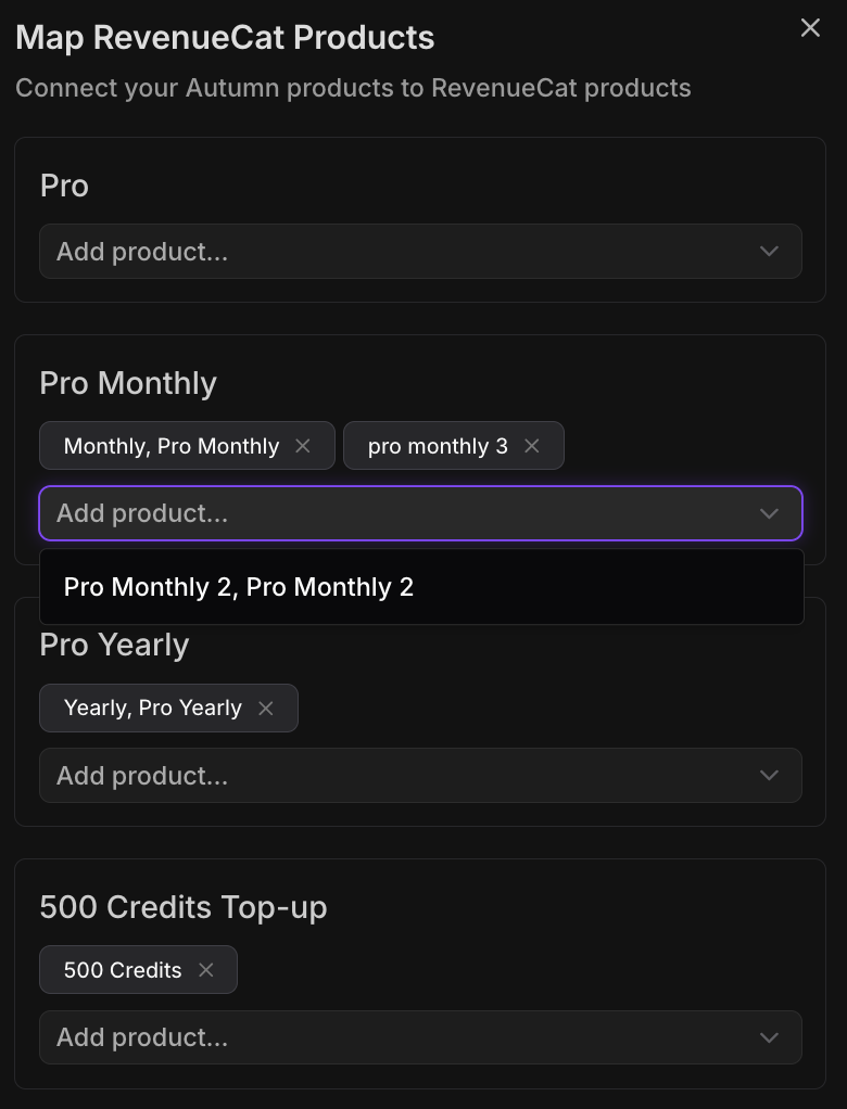 Autumn dashboard showing where to map your products to RevenueCat products
