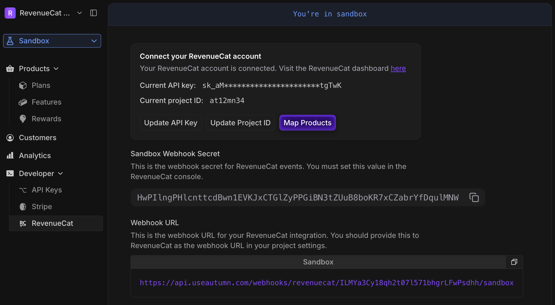Autumn dashboard showing where to set up your RevenueCat project ID and API key