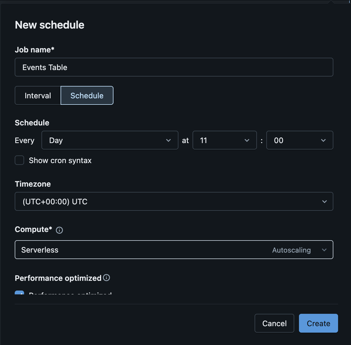 Configuring a new schedule for the export notebook