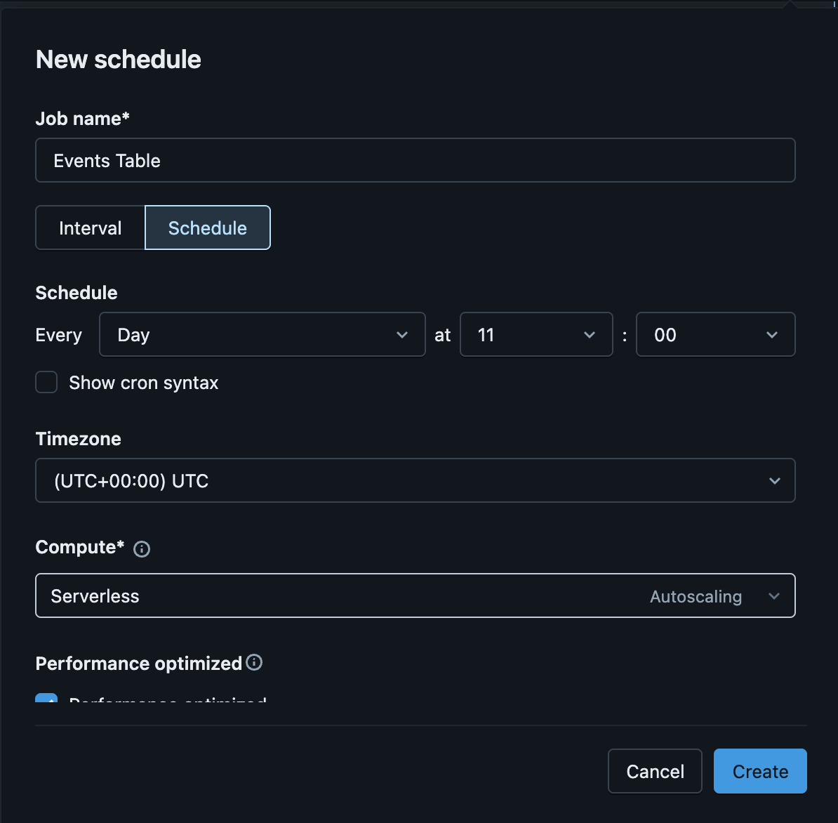Configuring a new schedule for the export notebook