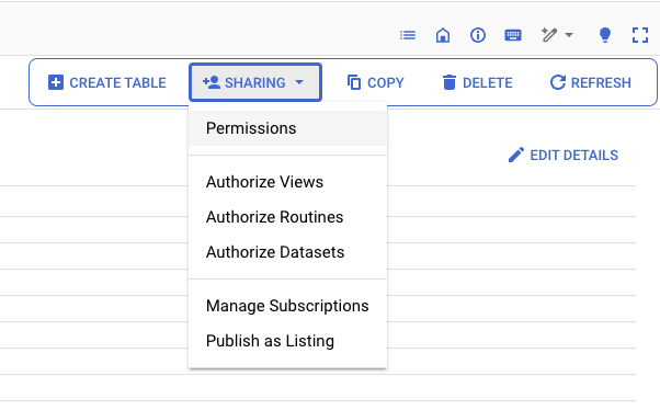 BigQuery dataset Sharing menu with Permissions highlighted