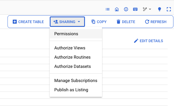 BigQuery dataset Sharing menu with Permissions highlighted