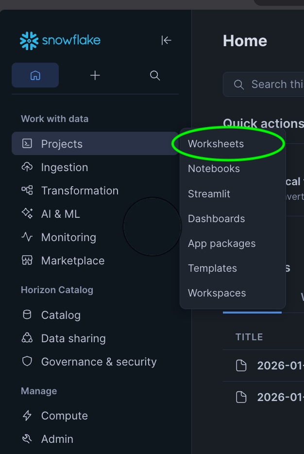 Snowflake left nav — Projects → Worksheets