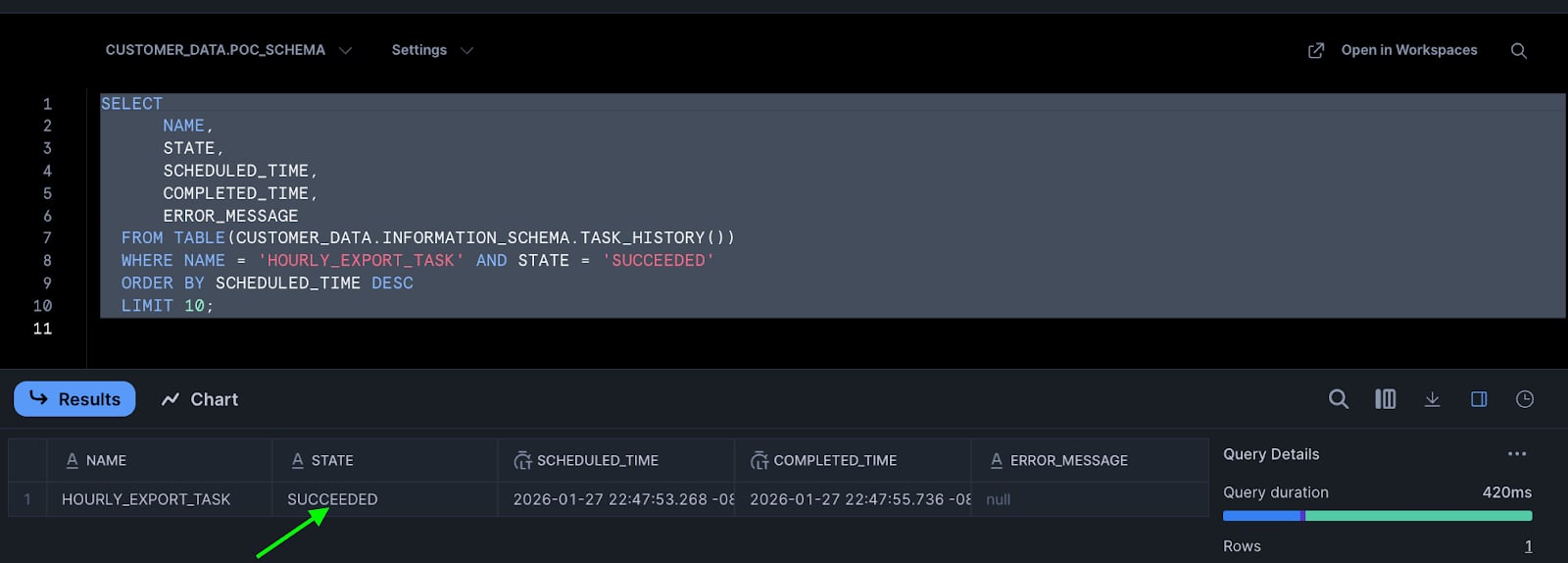 Task history with SUCCEEDED state