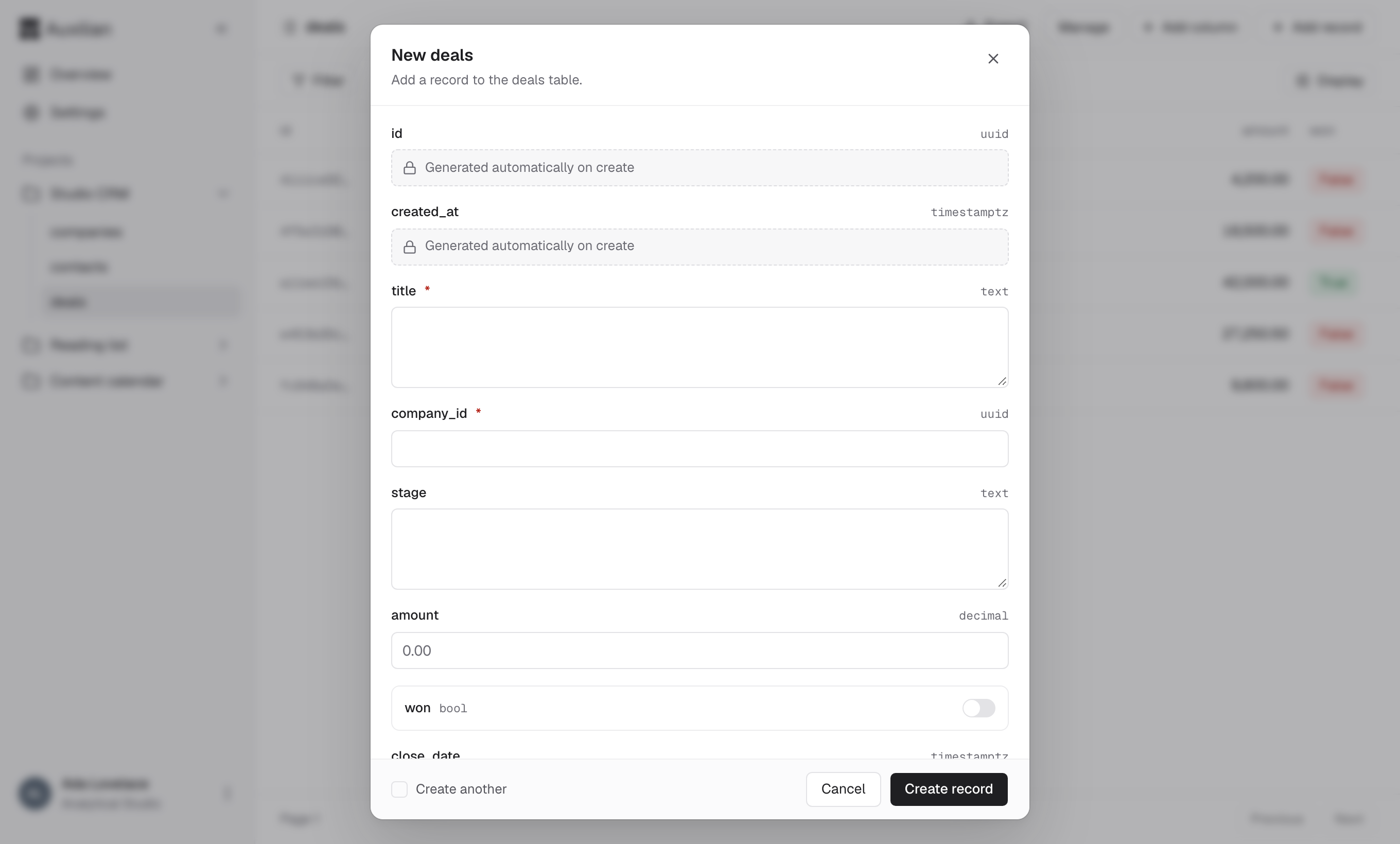 The New deals form with locked id and created_at fields, required title and company_id fields, and a toggle for the boolean won column
