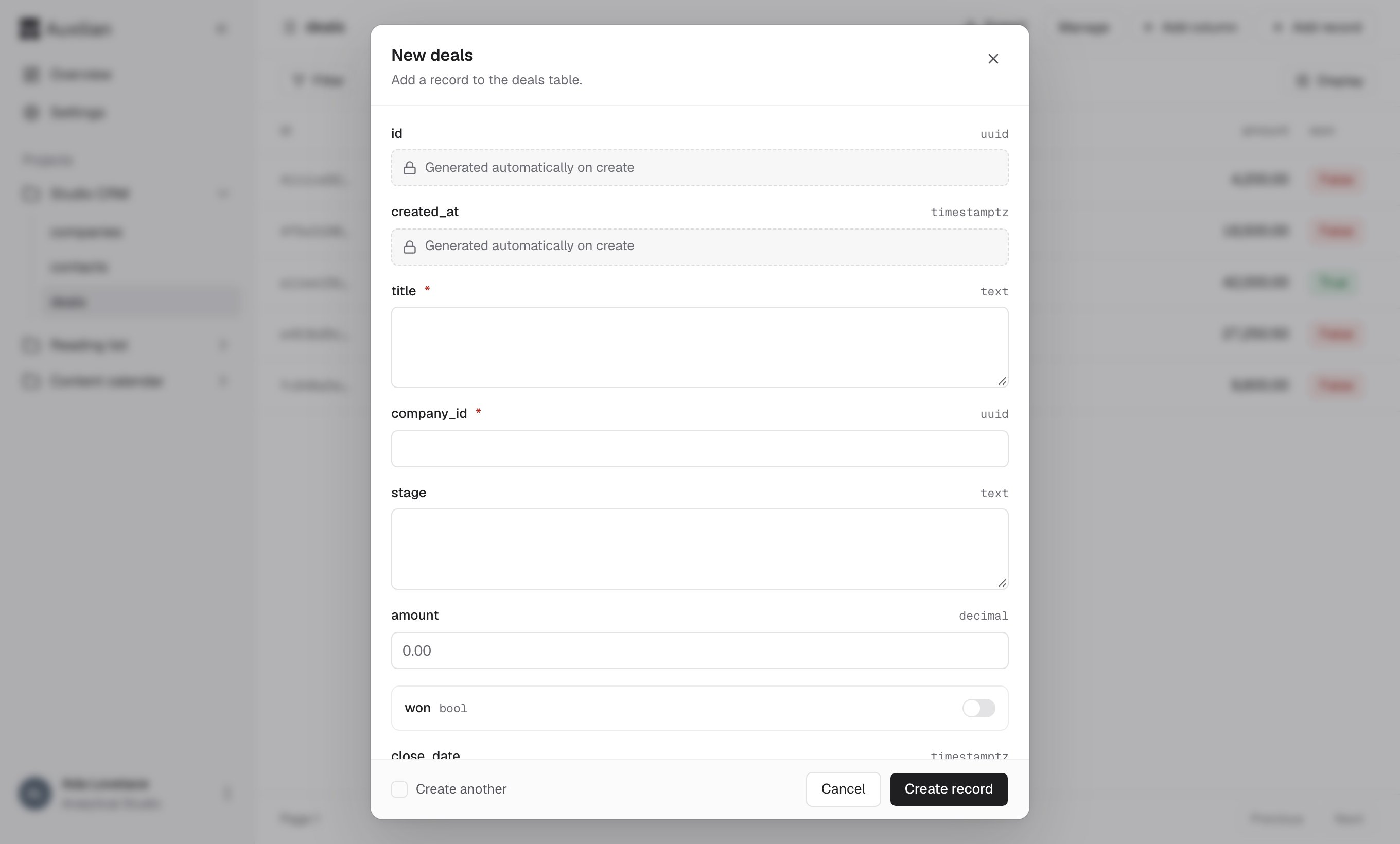 The New deals form with locked id and created_at fields, required title and company_id fields, and a toggle for the boolean won column