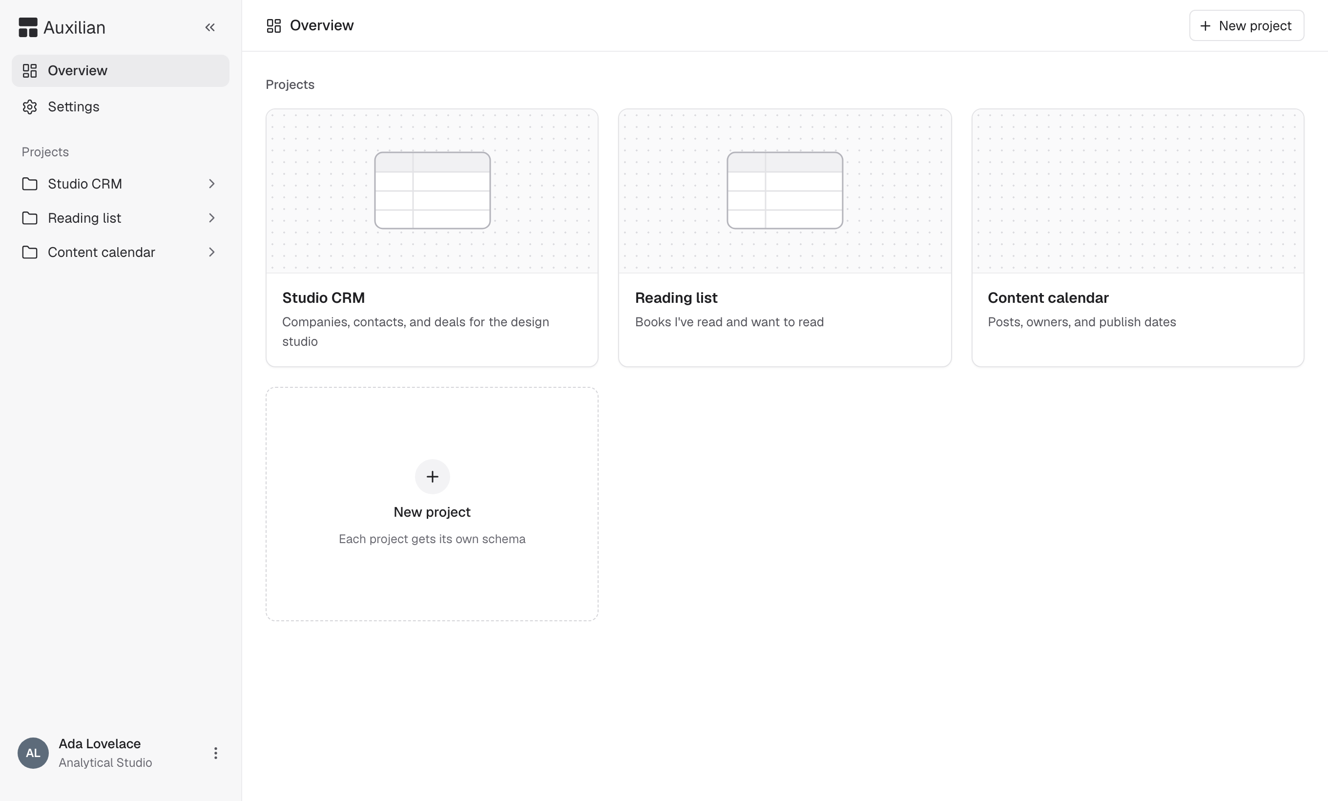The Auxilian overview page showing three project cards and a New project tile, with projects listed in the sidebar