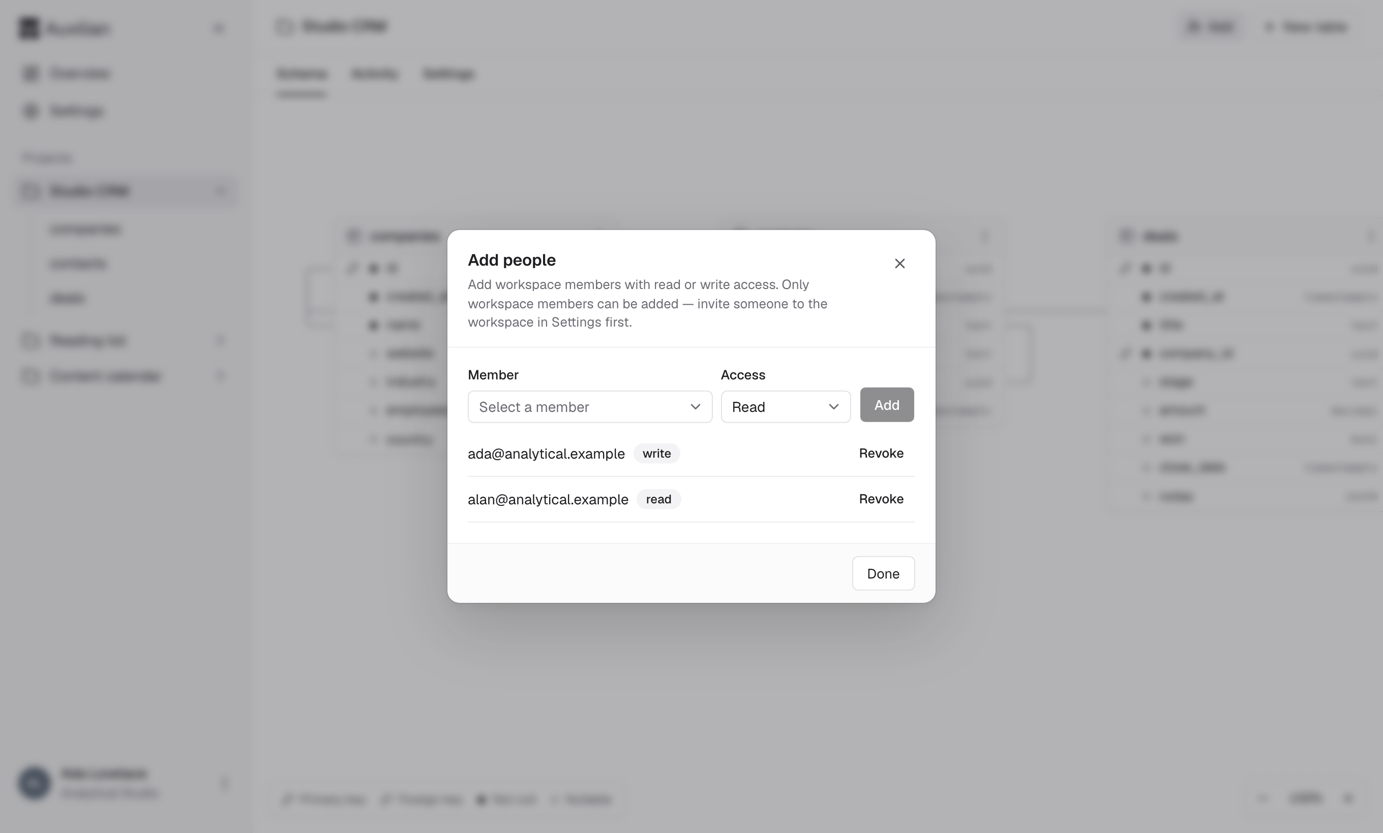 The Add people dialog with a member picker, an Access menu set to Read, an Add button, and two people with write and read access