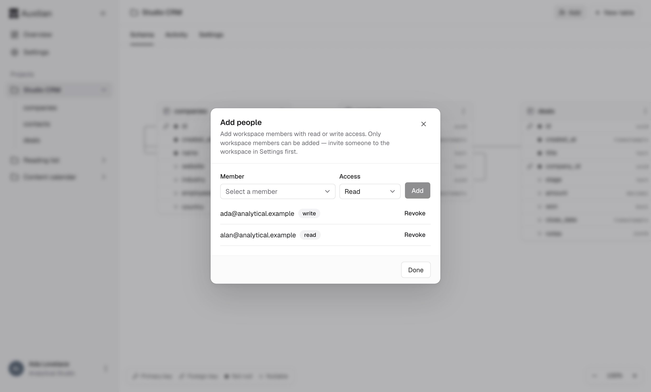 The Add people dialog with a member picker, an Access menu set to Read, an Add button, and two people with write and read access