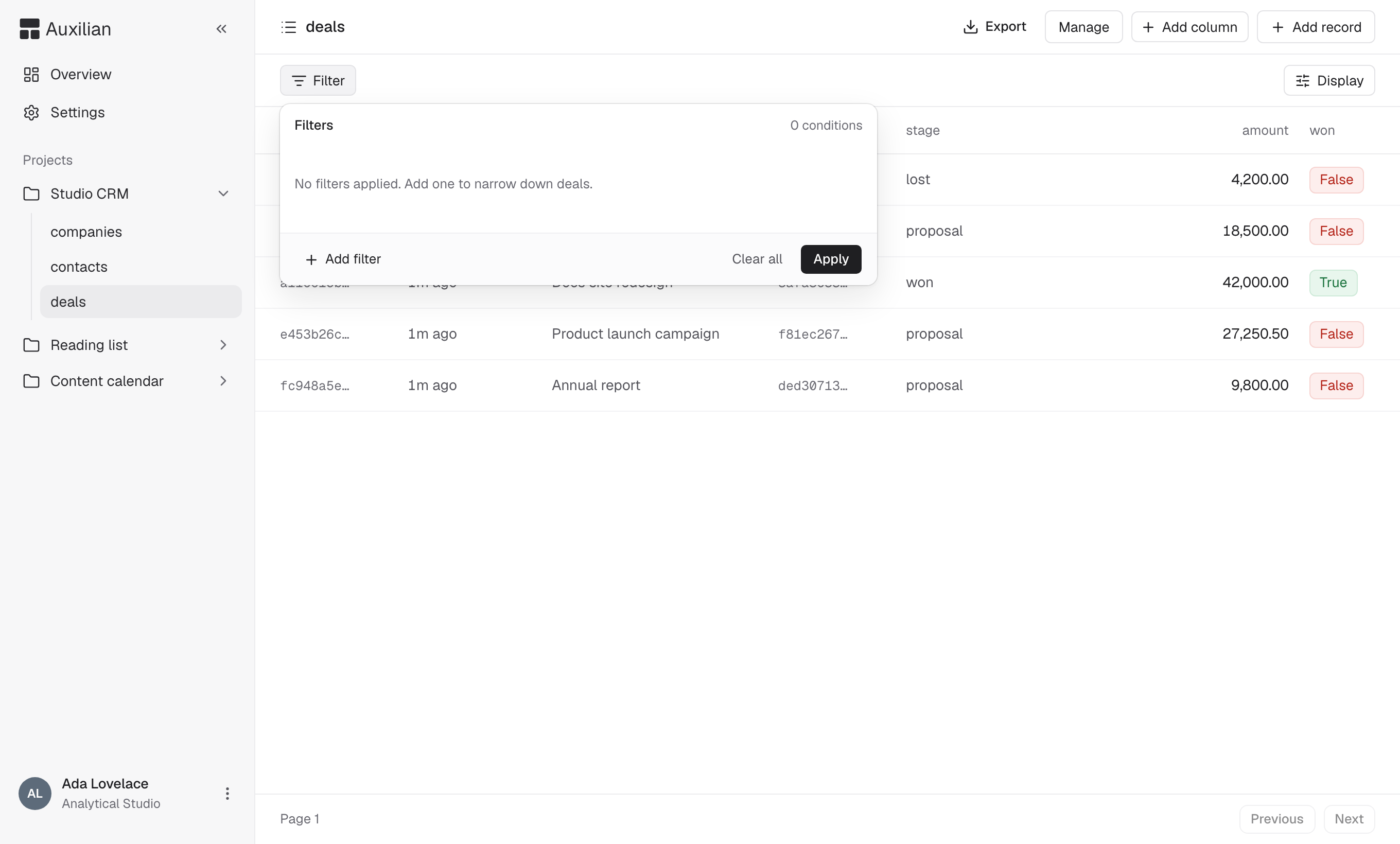 The Filter popover open over the deals table, with Add filter, Clear all, and Apply controls