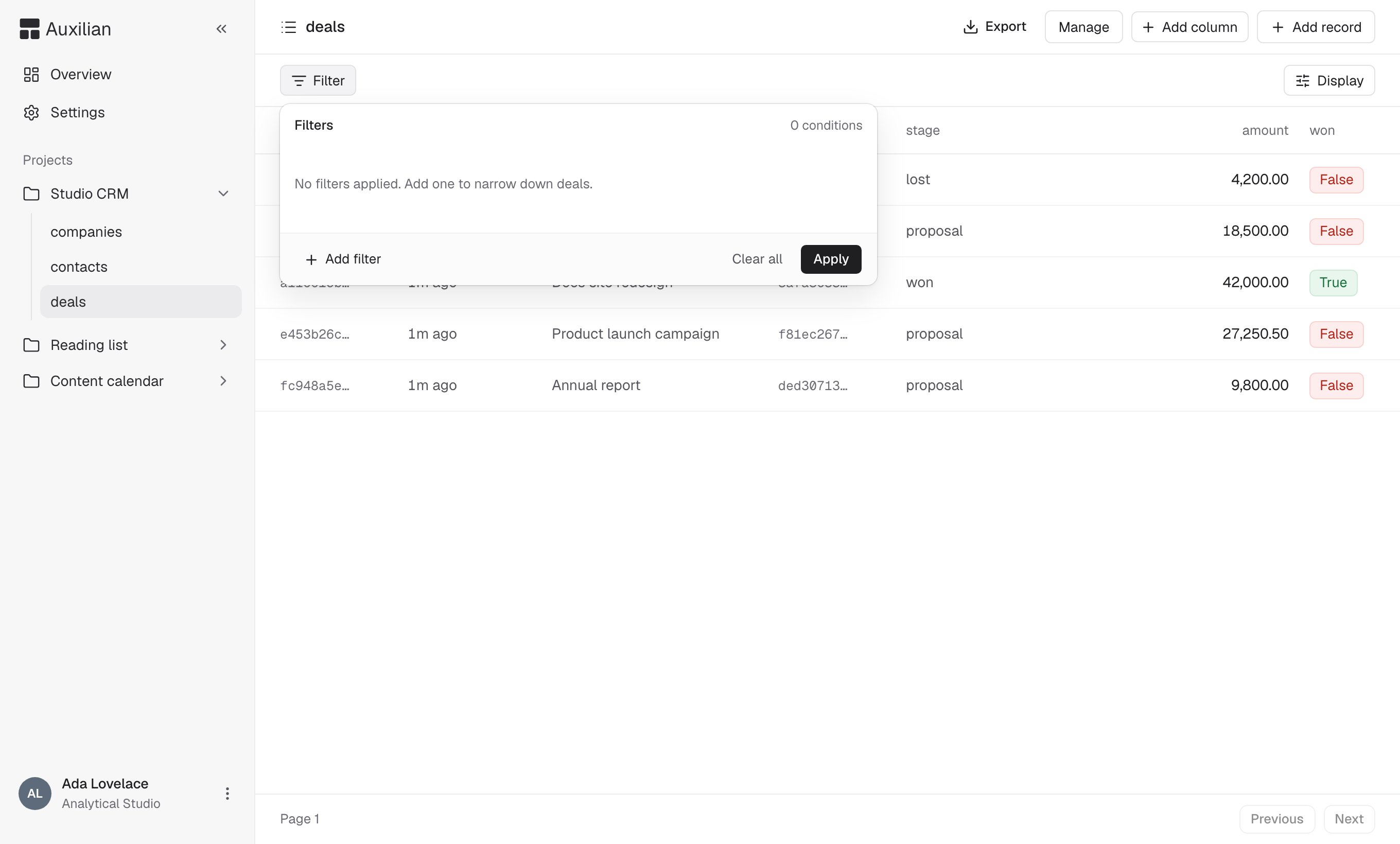 The Filter popover open over the deals table, with Add filter, Clear all, and Apply controls