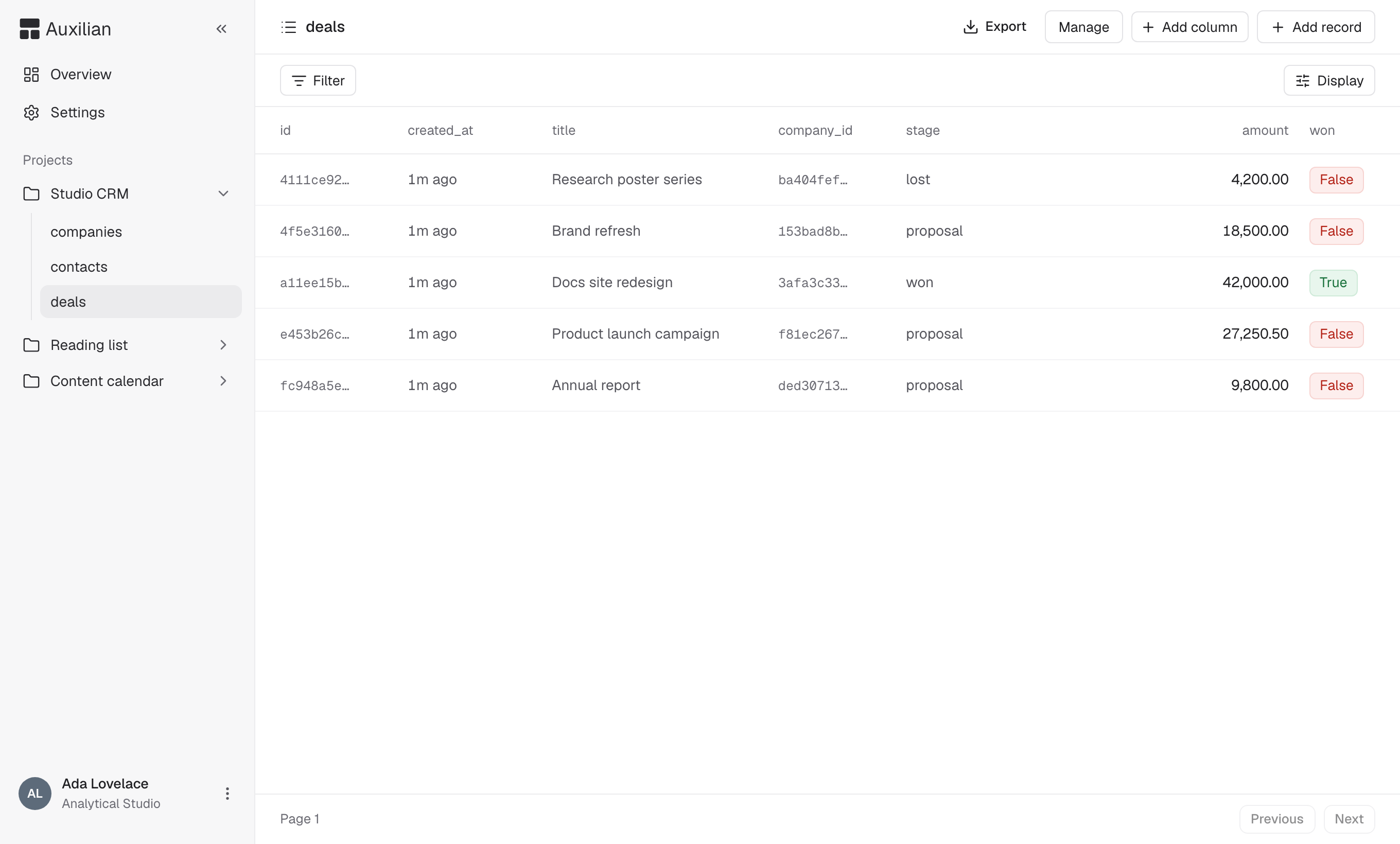 The deals table in the web app showing five rows with id, created_at, title, company_id, stage, amount, and won columns
