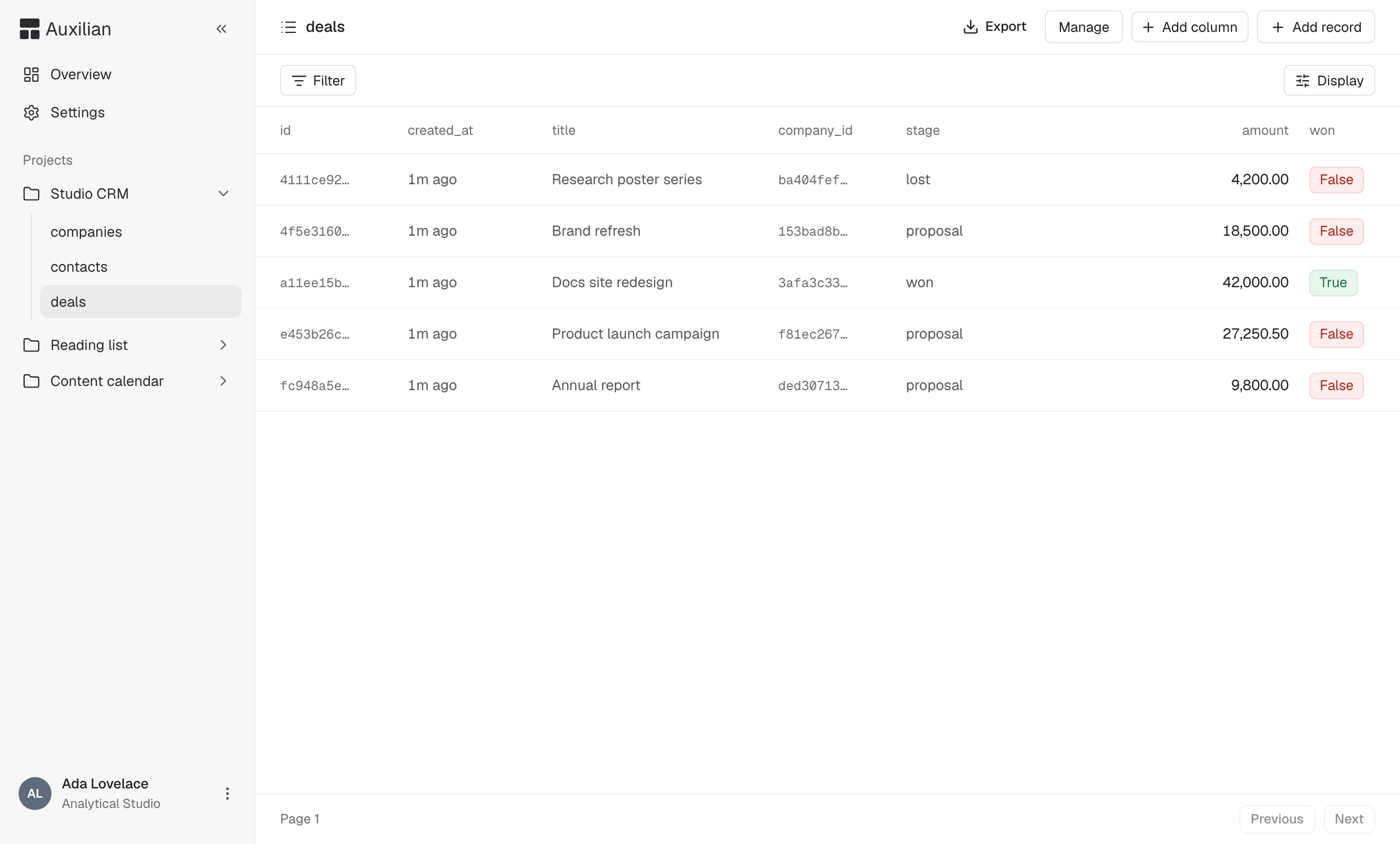 The deals table in the web app showing five rows with id, created_at, title, company_id, stage, amount, and won columns