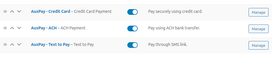 Enable or disable AuxPay payment methods in WooCommerce