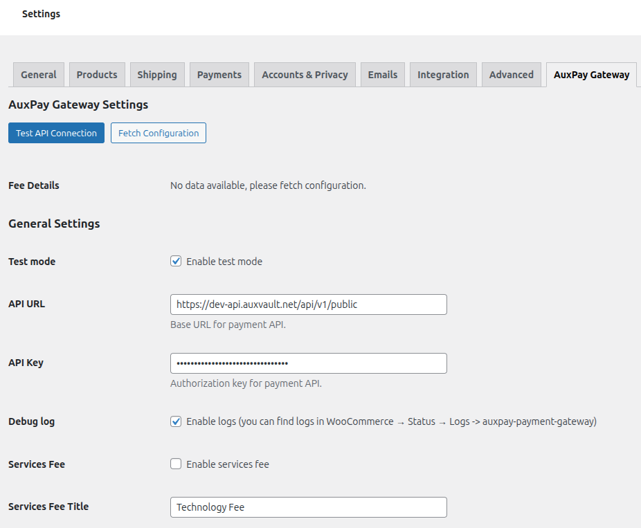 AuxPay Gateway general settings