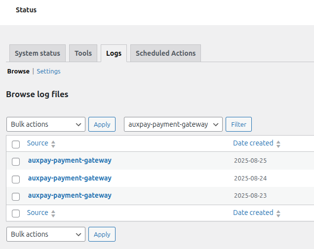 WooCommerce status logs for AuxPay