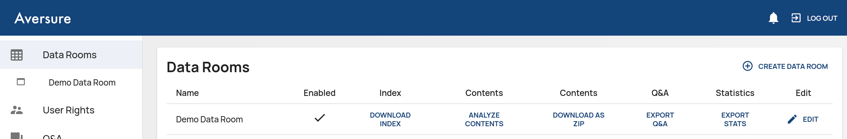 Export stats button on the Data Rooms page