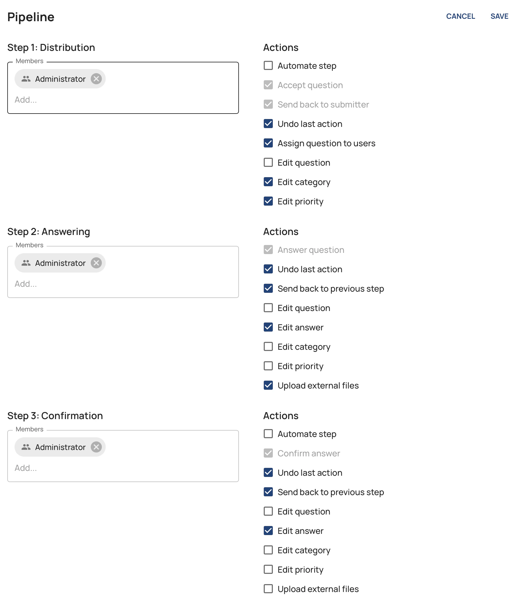 Q&A pipeline in the Administration Interface