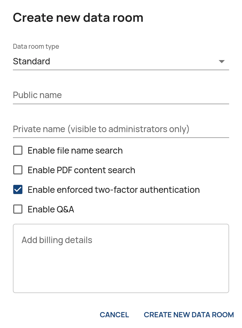 Enable enforced two-factor authentication at data room creation