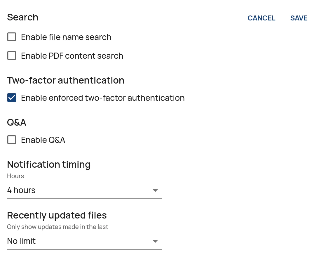 Enable enforced two-factor authentication for an existing data room