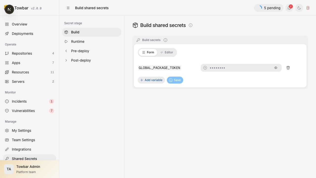 Shared secret names remain visible while their saved values are masked.