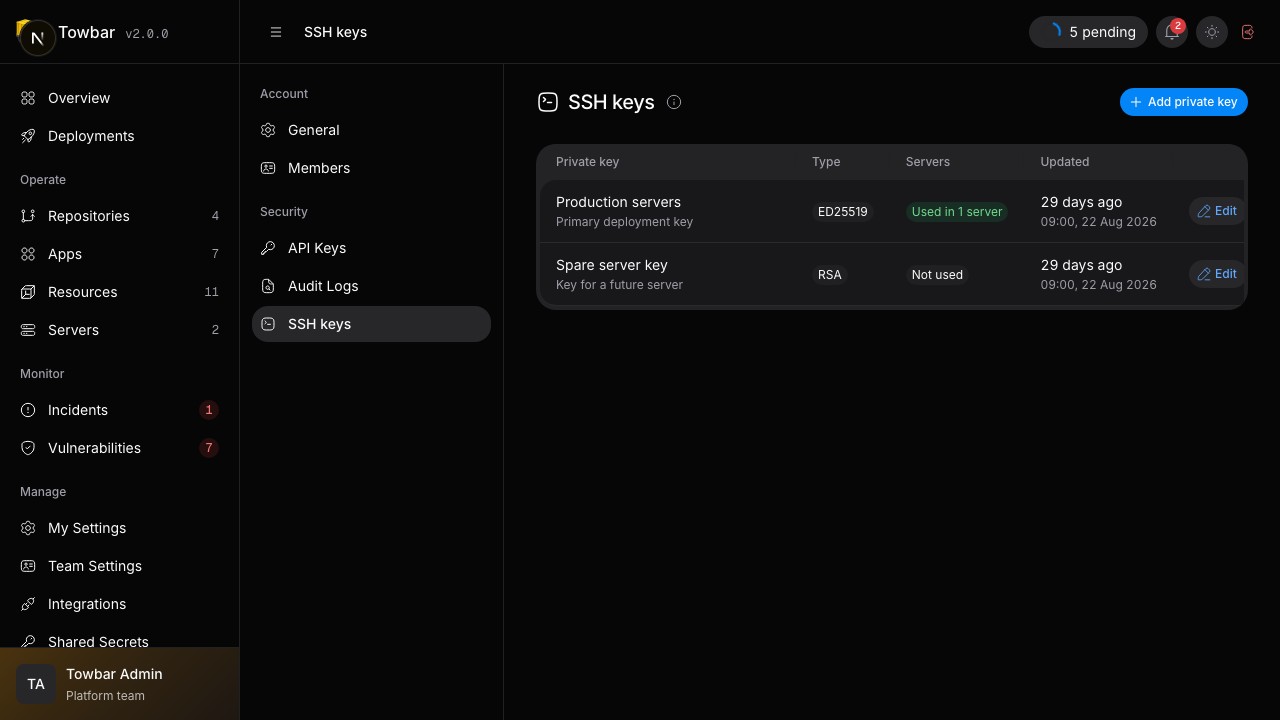 The key store shows key type and usage. Sign out is grouped with workspace settings in the sidebar.
