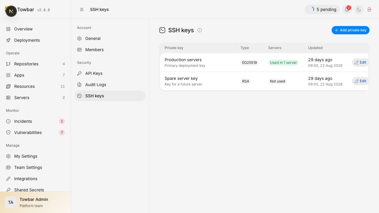 The key store shows key type and usage. Sign out is grouped with workspace settings in the sidebar.