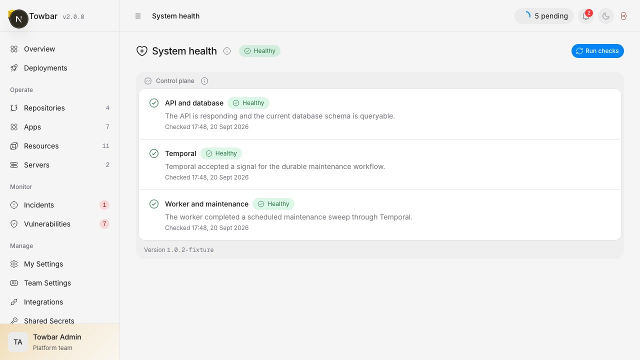 System health reports only control-plane checks and their latest observation time.