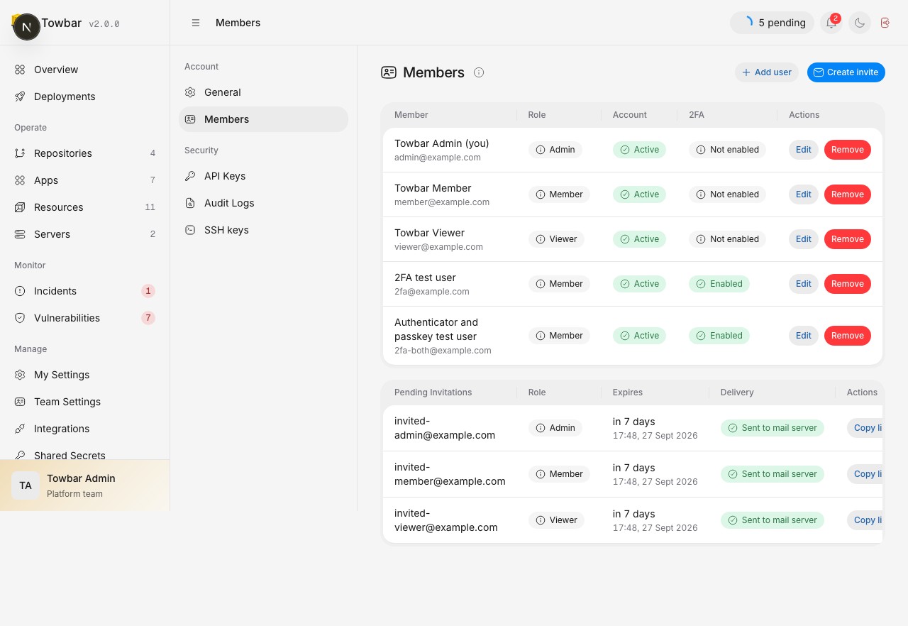 Manage members and pending invitations from separate tables.