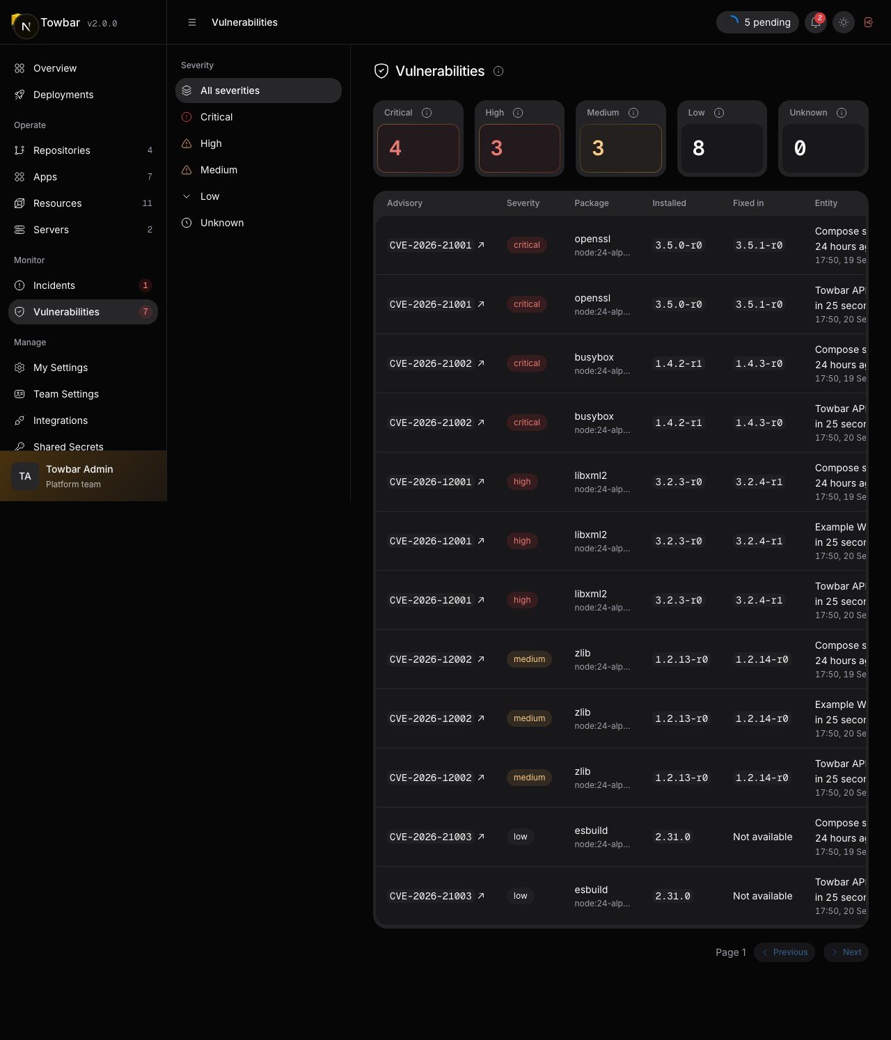Workspace findings link to CVE records and the affected deployment.