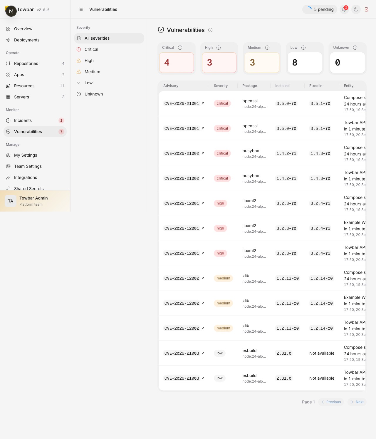 Workspace findings link to CVE records and the affected deployment.