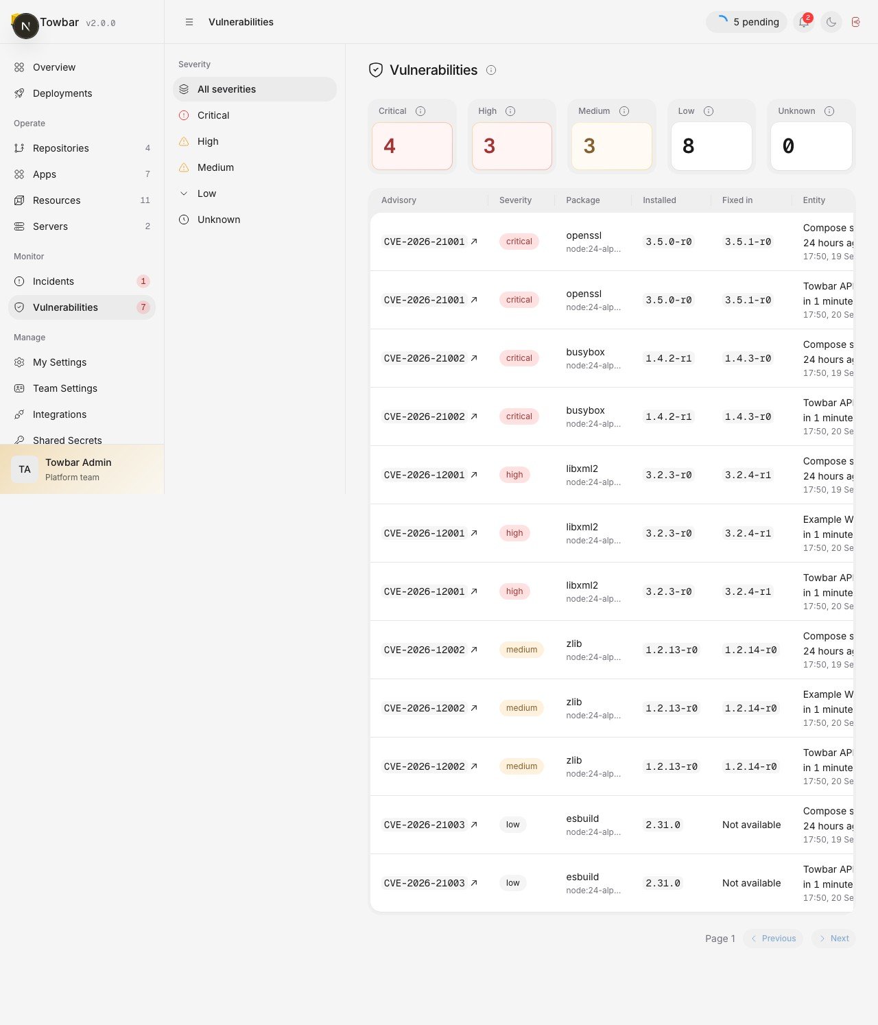 Workspace findings link to CVE records and the affected deployment.