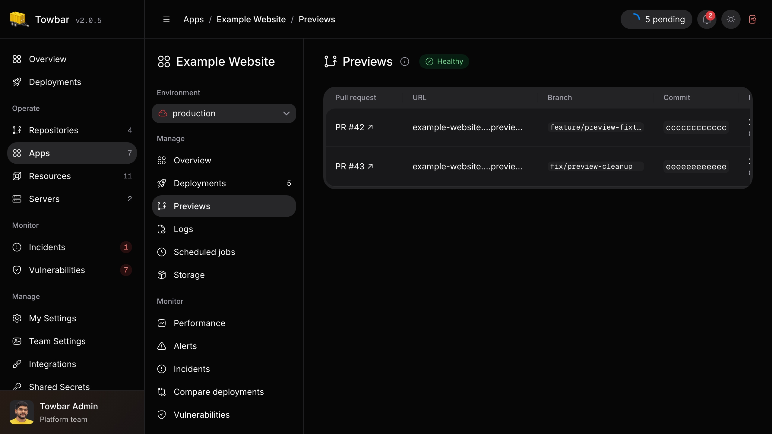 Pull request preview deployments with their branch, URL, commit, status, and expiry.