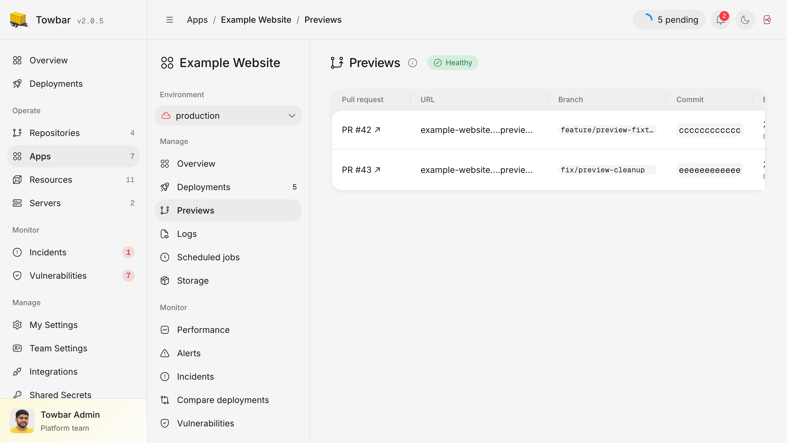 Pull request preview deployments with their branch, URL, commit, status, and expiry.