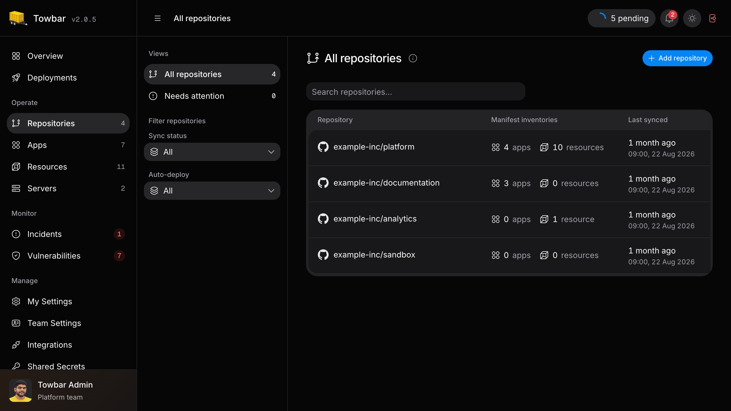 Towbar repositories with imported app and resource counts and the latest synchronized revision.