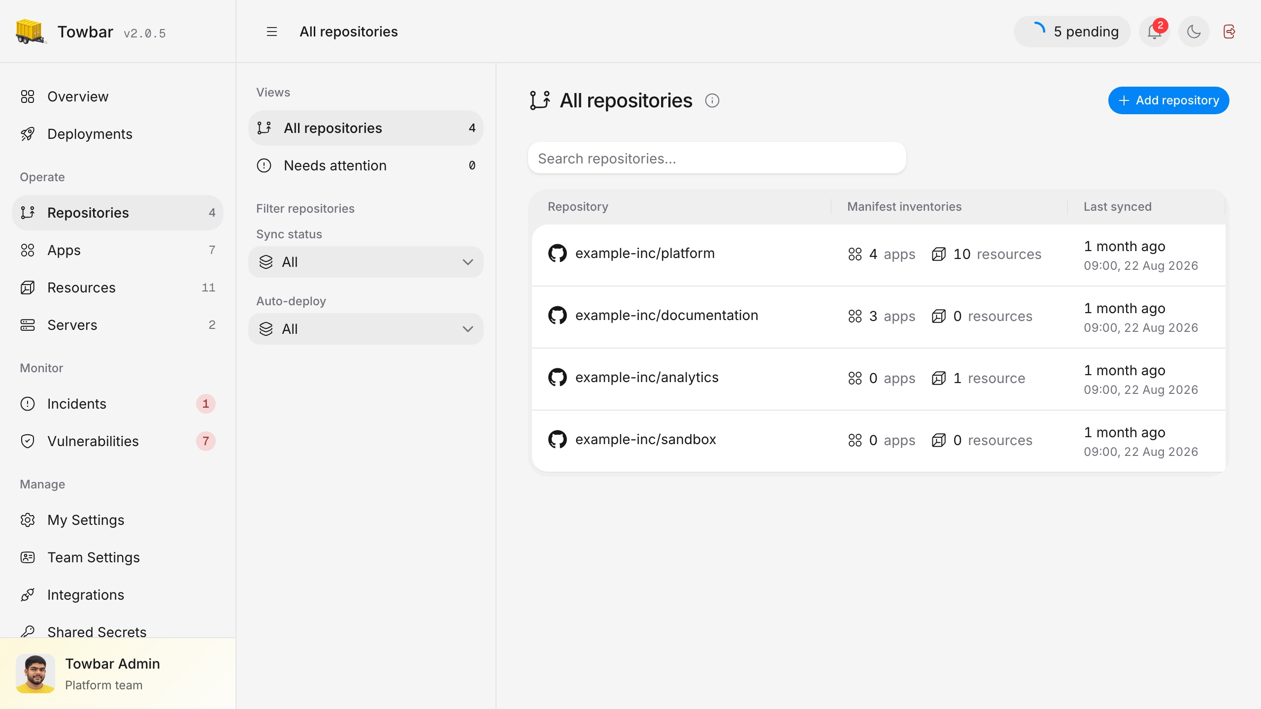 Towbar repositories with imported app and resource counts and the latest synchronized revision.