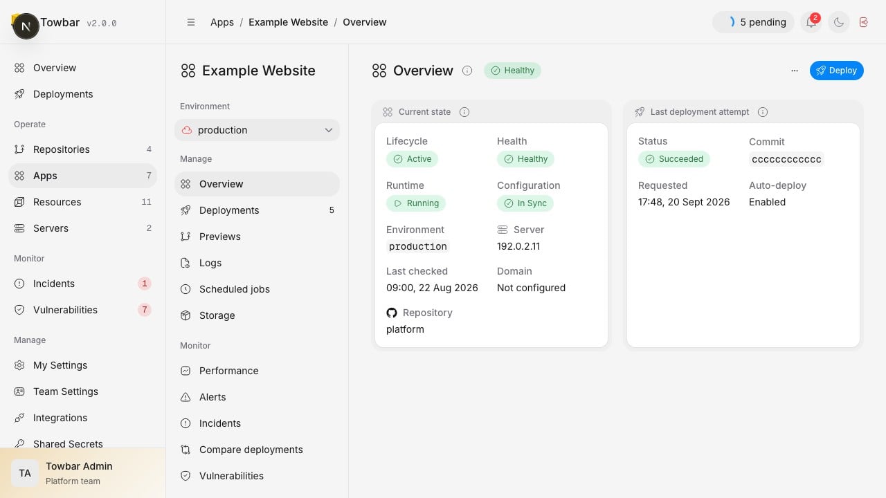An app’s current state and latest deployment attempt appear in separate widgets.