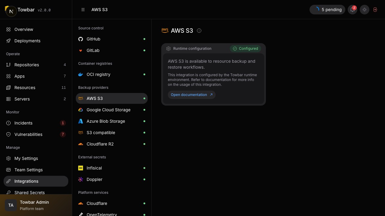 The AWS integration confirms that its runtime configuration is available without exposing credentials.