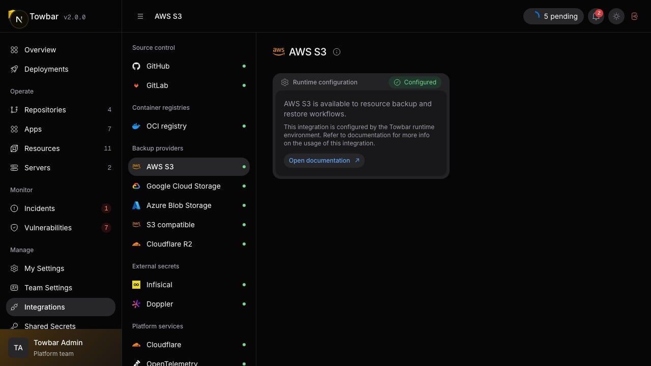 The AWS integration confirms that its runtime configuration is available without exposing credentials.