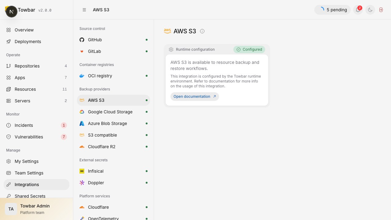 The AWS integration confirms that its runtime configuration is available without exposing credentials.