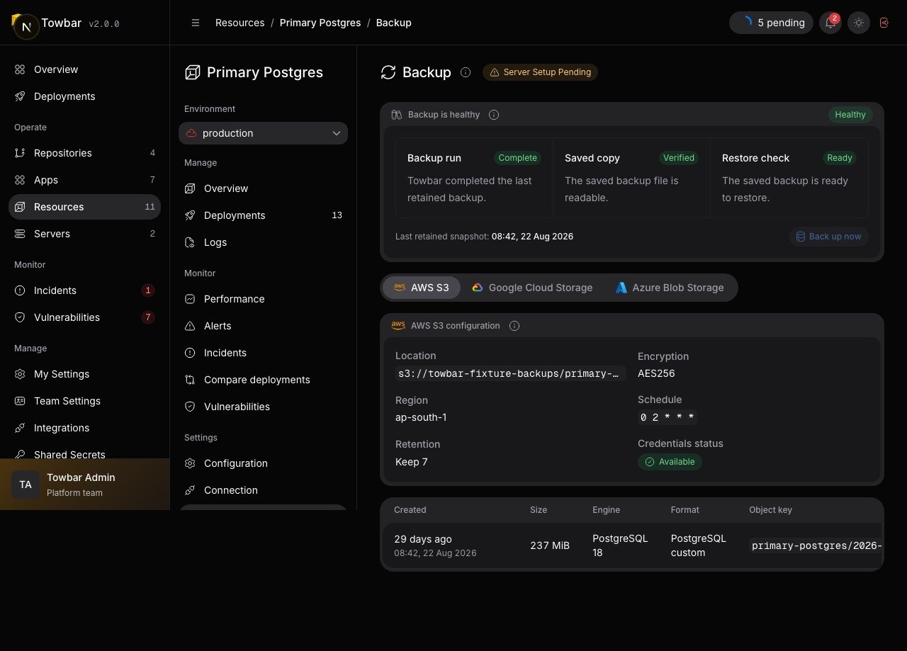 Backup configuration shows the location, retention, cron schedule, and provider credential status.
