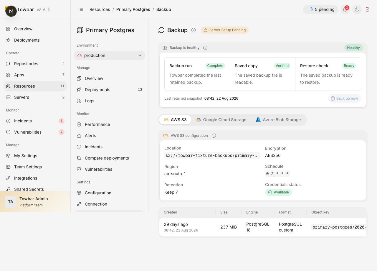 Backup configuration shows the location, retention, cron schedule, and provider credential status.